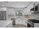 Modern kitchen with white cabinets, stainless steel appliances, quartz countertops, and sleek backsplash at 3417 E Lupine Ave, Phoenix, AZ 85028