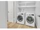 Bright laundry room featuring modern washer and dryer, complemented by ample shelving for storage at 2604 W Wolf St, Phoenix, AZ 85017