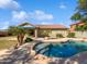 Backyard oasis featuring a private pool, tropical landscaping, and a covered patio at 1227 E Indigo St, Gilbert, AZ 85298