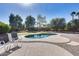 Backyard showcasing a private pool surrounded by mature trees and well-maintained landscaping at 7015 S Stadium Ct, Gilbert, AZ 85298