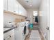 Well-organized laundry room with white cabinets, modern appliances, and stylish decor at 20906 E Macaw Dr, Queen Creek, AZ 85142
