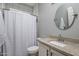 Bathroom with vanity with granite countertop and white shower curtain at 2544 W Pumpkin Ridge Dr, Anthem, AZ 85086