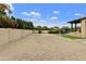 Spacious sand volleyball court with net, surrounded by mature trees and landscaping in backyard at 3314 E Kael St, Mesa, AZ 85213