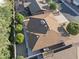 Birds-eye view showing the roof, back patio, manicured backyard, and surrounding homes at 445 S Omaha --, Mesa, AZ 85206