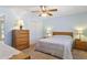 Cozy bedroom featuring a ceiling fan, soft blue walls, and warm lighting from bedside lamps at 5142 E Edgewood Cir, Mesa, AZ 85206