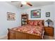 Cozy bedroom with a floral patterned bedspread, side table, and stylish ceiling fan at 2910 E Avenida Olivos --, Phoenix, AZ 85016