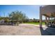 Large backyard with stone patio, desert landscaping, mature trees, and covered patio space at 7424 E Sandia Cir, Mesa, AZ 85207