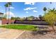 A backyard featuring gravel, a patch of grass, and palm trees against a bright sky at 3923 S Dorsey Ln, Tempe, AZ 85282