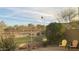 Backyard with desert vegetation, fence, and distant views of a hot air balloon in the sky at 9286 W Buckhorn Trl, Peoria, AZ 85383