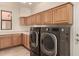 This laundry room has plenty of wooden cabinet storage, a window and modern washer and dryer at 333 N Pennington Dr # 63, Chandler, AZ 85224