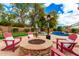 Relaxing backyard patio includes outdoor fireplace, seating, and manicured landscaping at 4297 E Pyrenees Ct, Gilbert, AZ 85298