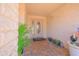 Close up of the home's front door, framed by potted plants and tile flooring at 11816 S Winnebago St, Phoenix, AZ 85044