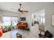 This airy living room features a wood piano, a ceiling fan, and an archway at 19700 N 76Th St # 1124, Scottsdale, AZ 85255