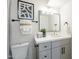 Updated bathroom with a stylish gray vanity, quartz countertop, modern fixtures, and decorative artwork at 3207 W Royal Palm Rd, Phoenix, AZ 85051