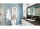 Stylish bathroom featuring blue walls, vanity with black countertop, and glass-enclosed shower at 6929 E Trailridge Cir, Mesa, AZ 85207
