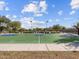 Outdoor basketball court with green surface, blue accents, and lighting for evening play at 8559 W Trenton Ct, Florence, AZ 85132