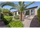 Landscaped backyard features manicured bushes, gravel, palm tree, and views of the home's exterior at 1357 E Elysian Pass, Queen Creek, AZ 85140