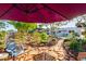 Relaxing backyard patio with a vibrant garden, creating a serene outdoor living space at 6338 E Camelot Dr, Mesa, AZ 85215