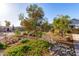 Landscaped front yard featuring desert foliage, rocks, and decorative bark, complementing the home's curb appeal at 6338 E Camelot Dr, Mesa, AZ 85215