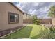 View of a backyard with a putting green, complemented by mature trees, desert vegetation and privacy wall at 1154 E Kramer Cir, Mesa, AZ 85203