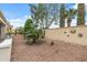 Desert landscaped backyard with palm trees, decorative wall art, and beautiful rock landscaping at 12839 W Rincon Ct, Sun City West, AZ 85375