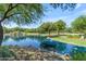 Lush community pond featuring a cascading waterfall, rock features, and serene landscaping for a tranquil neighborhood at 3690 E Blue Spruce Ln, Gilbert, AZ 85298