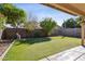 Backyard with artificial grass, block wall fence and various trees and plants at 7931 W Shaw Butte Dr, Peoria, AZ 85345