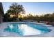 Sparkling pool featuring clear water, elevated tanning deck, and desert landscaping creating a private backyard oasis at 9238 E Palm Tree Dr, Scottsdale, AZ 85255