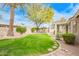 Lush backyard with mature landscaping, stone pathway, and a covered patio at 44 W Teakwood Pl, Chandler, AZ 85248