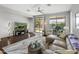 Cozy living room includes stylish furniture, a ceiling fan, sliding glass doors to the backyard, and decorative lighting at 41105 N Prestancia Way, Anthem, AZ 85086