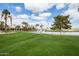 Gorgeous landscaping surrounds a pond with a fountain on a sunny day in this Primary planned community at 15816 W Amelia Dr, Goodyear, AZ 85395