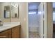 Well-lit bathroom showcasing a vanity with storage and a separate toilet and tub area at 30718 N Coral Bean Dr, San Tan Valley, AZ 85143