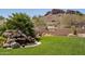 Lush backyard with manicured grass, mature landscaping, charming water feature, and mountain views at 4846 S Rimrock Loop, Gold Canyon, AZ 85118