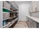 Well-organized pantry with ample shelving and storage baskets, featuring wood-look flooring and gray cabinets at 7482 S Mccormick Way, Queen Creek, AZ 85142