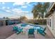 Backyard area with turquoise Adirondack chairs and a kidney-shaped swimming pool at 7729 E Catalina Dr, Scottsdale, AZ 85251