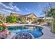 Stunning backyard pool with lush desert landscaping, covered patios and outdoor seating at 1157 W Desert Lily Dr, San Tan Valley, AZ 85143