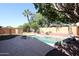 Backyard pool with rock accents and surrounding trees and greenery under a clear blue sky at 17474 W Acapulco Ln, Surprise, AZ 85388