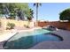 Backyard pool with rock waterfall, palm trees, and lush landscaping under clear blue sky at 17474 W Acapulco Ln, Surprise, AZ 85388