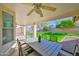 Covered back porch featuring neutral colored furniture, a ceiling fan, and a view of the green backyard at 3037 S Coyote Cyn, Mesa, AZ 85212