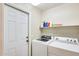 Bright laundry room featuring a modern washer and dryer, storage shelf, and convenient access door at 9174 W Marconi Ave, Peoria, AZ 85382