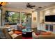 Inviting living room with floor-to-ceiling windows, comfortable seating and outside fireplace views at 11496 E Pine Valley Rd, Scottsdale, AZ 85255