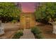 Charming courtyard entrance with a decorative door framed by mature citrus trees and lush landscaping at 2005 N Pomelo --, Mesa, AZ 85215