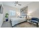 Bright bedroom featuring a ceiling fan, gray carpet, minimalist furniture and cool blue accents at 2022 N 22Nd Pl, Phoenix, AZ 85006