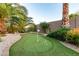 Backyard putting green with mature palm trees and desert landscaping at 1197 W Rolls Rd, San Tan Valley, AZ 85143