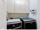 Convenient laundry room with modern, front-loading washer and dryer beneath white cabinets at 9475 N 115Th Pl, Scottsdale, AZ 85259