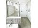 Bathroom featuring a glass-enclosed shower, white cabinets, and neutral tile floors at 20917 N 37Th Pl, Phoenix, AZ 85050