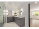 Bright bathroom with double sink vanity, modern fixtures, and glass shower enclosure at 2632 E Mountain View Rd, Phoenix, AZ 85028