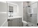 Modern bathroom with a gray vanity, lighted mirror, and a glass-enclosed shower with decorative tile at 5301 E Paradise Canyon Rd, Paradise Valley, AZ 85253