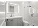 Modern bathroom with a gray vanity, lighted mirror, and a glass-enclosed shower with decorative tile at 5301 E Paradise Canyon Rd, Paradise Valley, AZ 85253