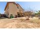 Two-story home's backyard view, featuring a covered patio, desert landscaping, and a mature tree providing shade at 956 N 58Th St, Mesa, AZ 85205